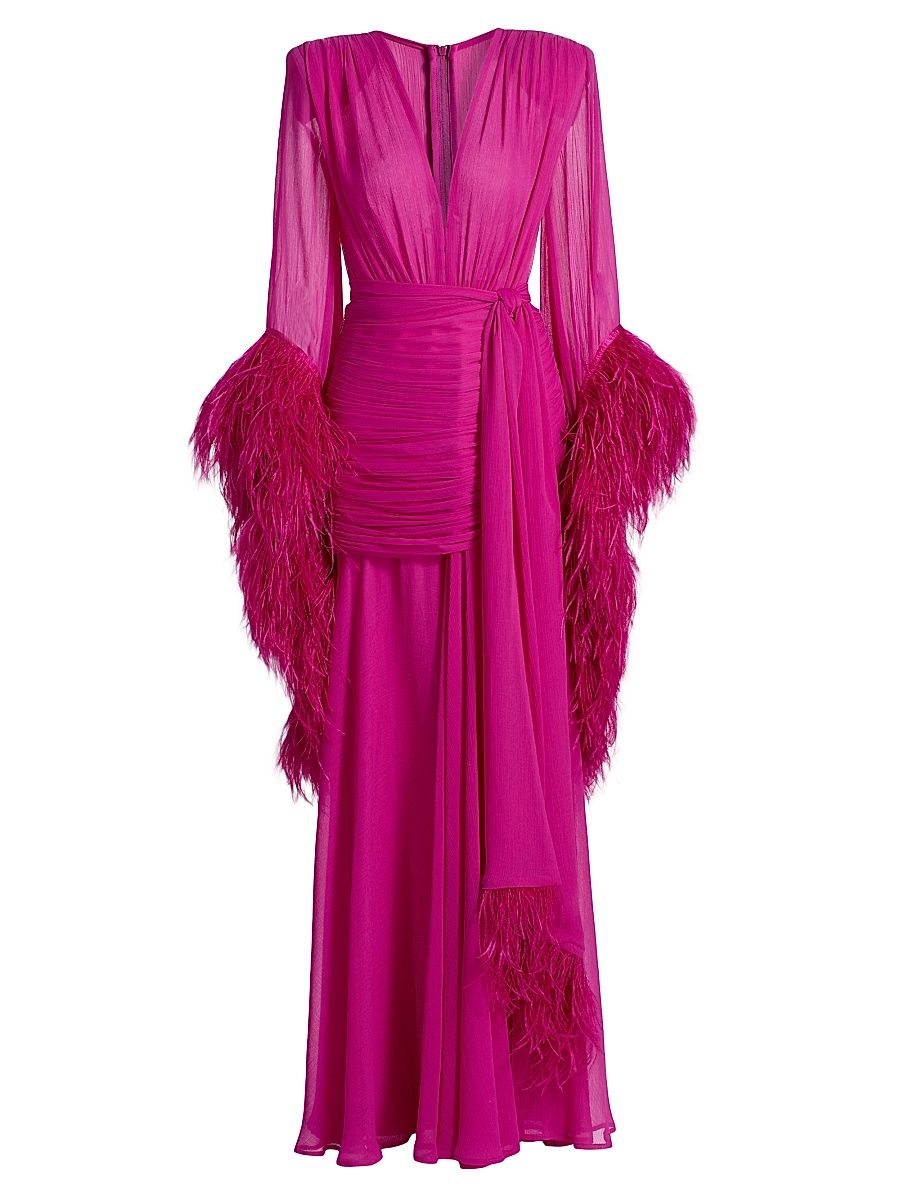 Women's Geisha Feather-Trim Chiffon Gown - Pink - Size Medium