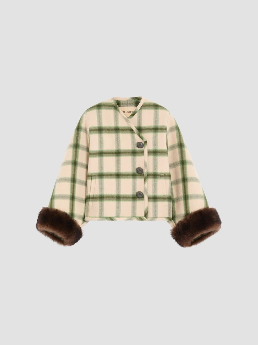 Valentino Women's Caban in Macro Window with Shearling - Vanilla Green - Size 8