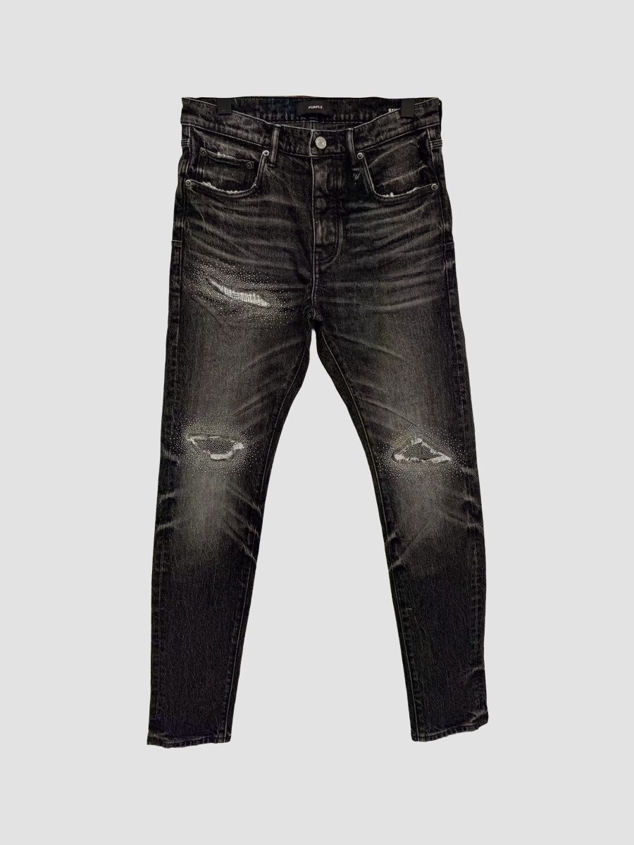 Purple Brand Men's Destroy Embellished Stacked Skinny Jeans - Black - Size 40