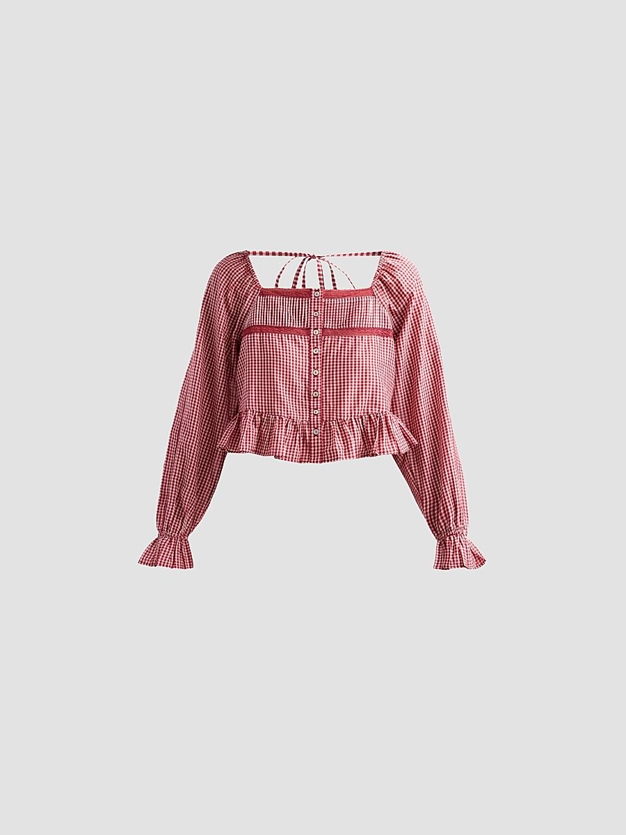 Women's Anabela Gingham Silk-Cotton Blouse - Berry Gingham - Size Large
