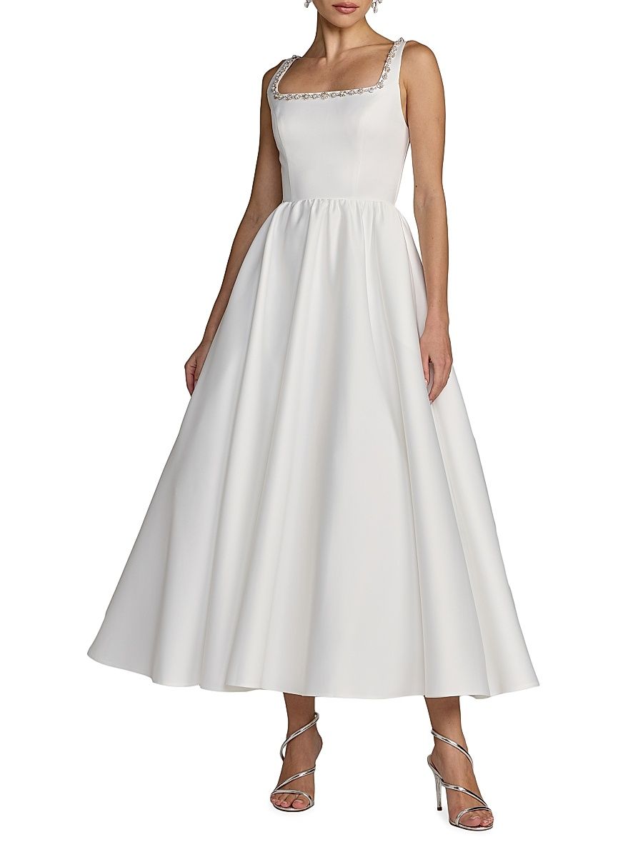 Women's Beaded Satin A-Line Midi-Dress - Ivory - Size 16