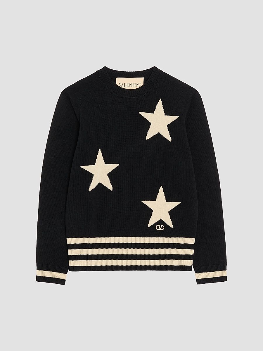 Men's Wool Crewneck Sweater with Star Motif - Black Butter - Size XL