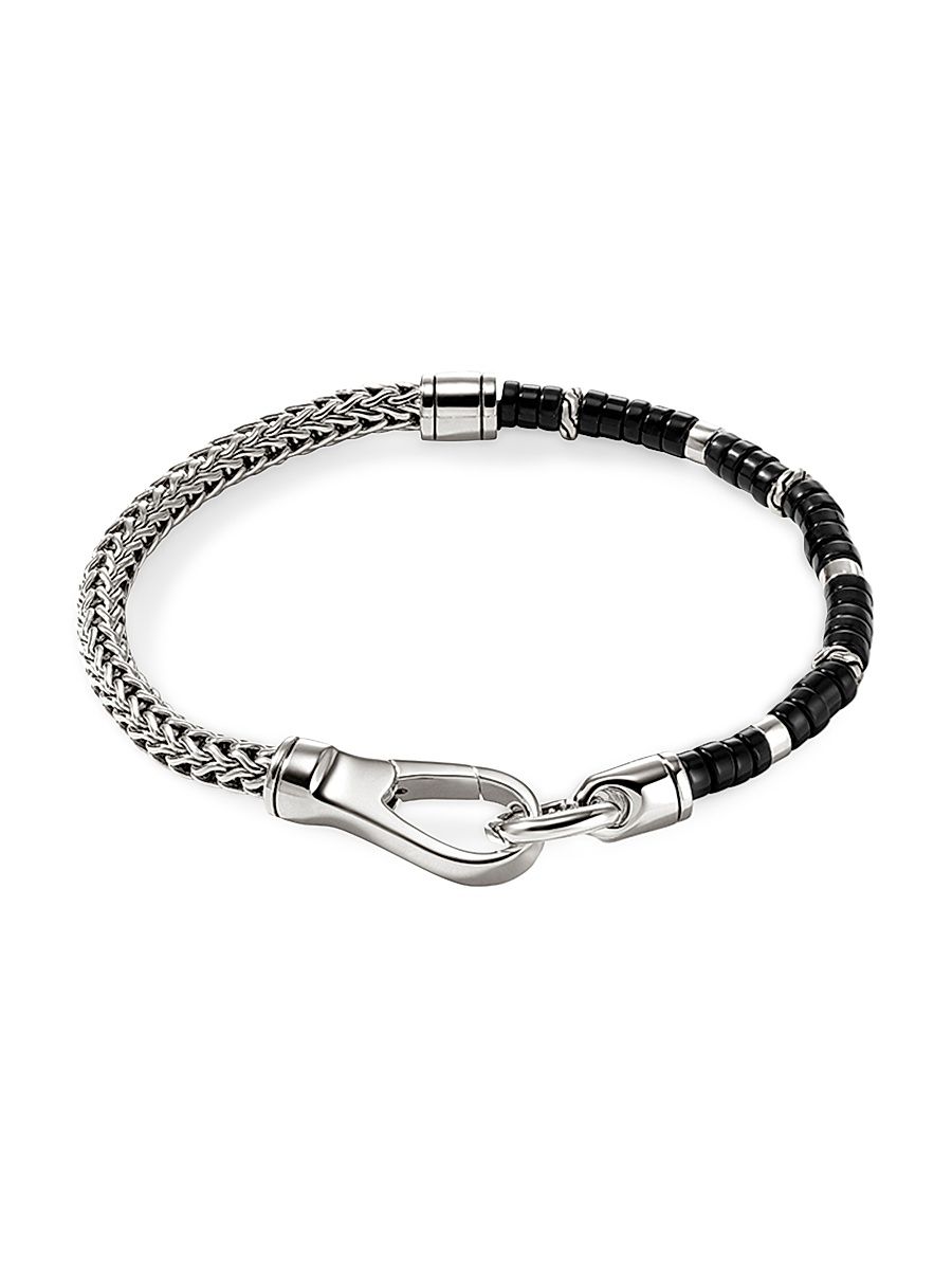 Men's Heishi Sterling Silver & Black Onyx Chain Bracelet - Silver Onyx - Size XL