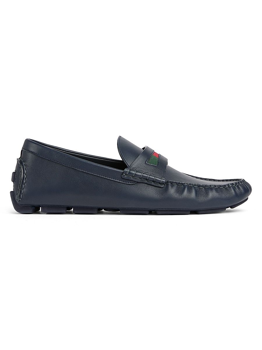 Men's Embroidered Web Leather Driving Loafers - Blue - Size 11