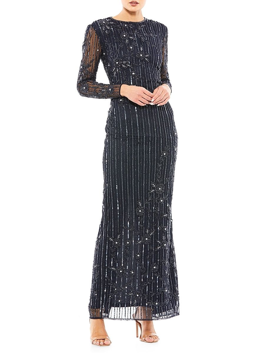 Women's Embellished Long-Sleeve Gown - Midnight - Size 16