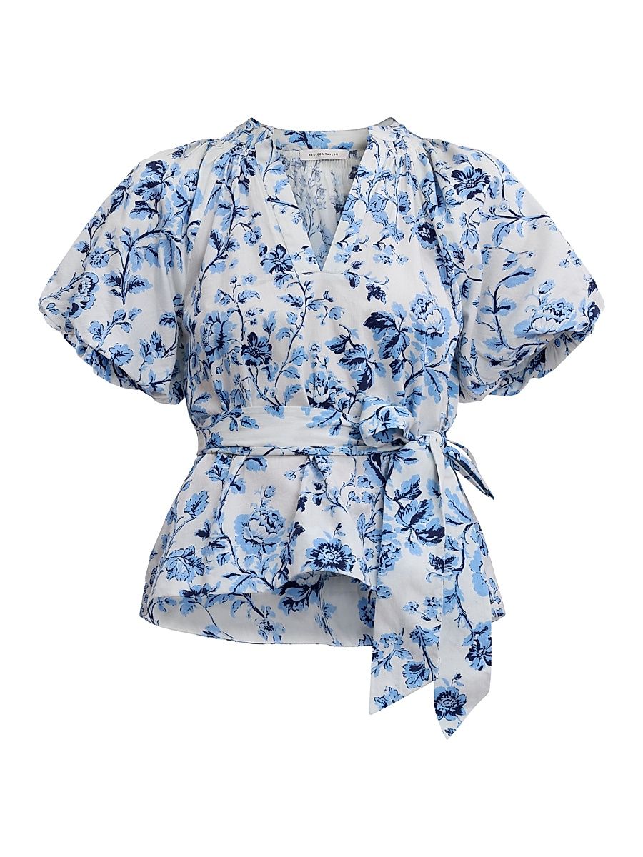 Women's Emelia Tie-Waist Floral Cotton Blouse - Alaskan Blue Multi - Size XL