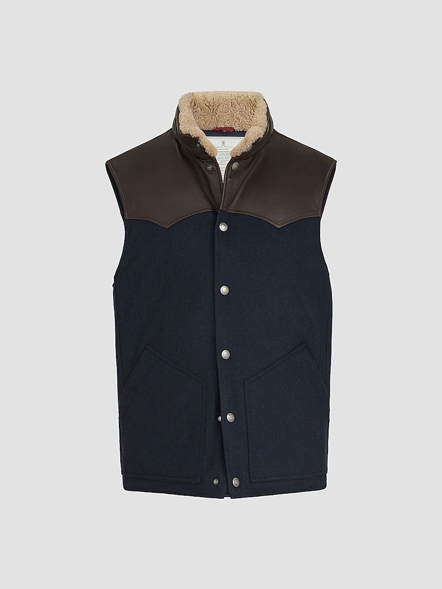 Men's Bonded Wool Down Vest with Shearling Collar and Nappa Leather Inserts - Blue - Size XS