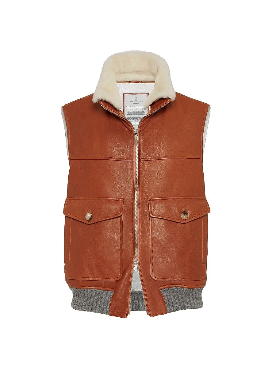 Men's Nappa Leather Vest with Themore Padding and Detachable Shearling Insert - Brown - Size Medium