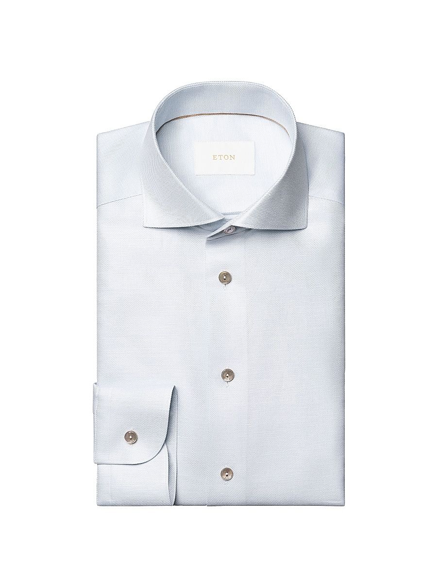 Men's Contemporary Fit Textured Cotton-Linen Shirt - Light Blue - Size 17
