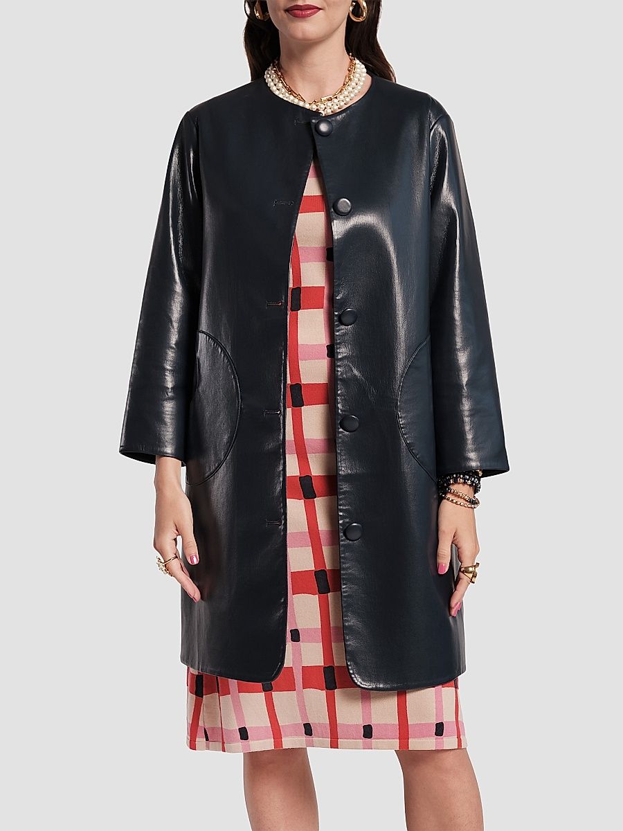 Women's Mod Faux Leather Circular Pocket Jacket - Navy - Size XL