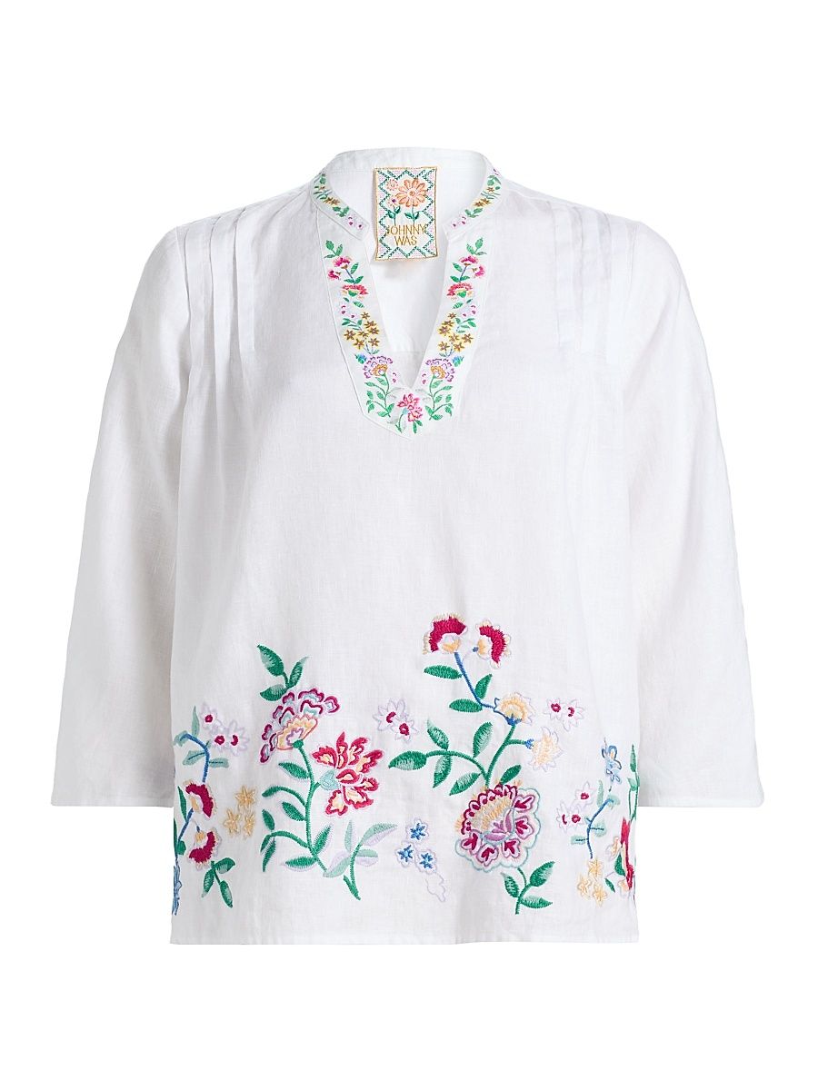 Women's Sloane Embroidered Linen Blouse - White - Size XL