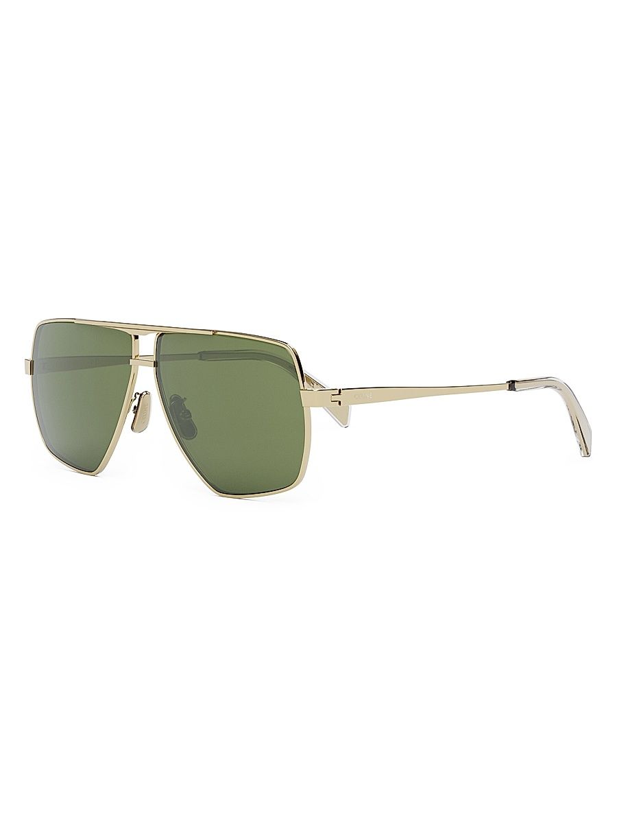 Men's Rectangular 58MM Metal Sunglasses - Shiny Gold Green - Size Large