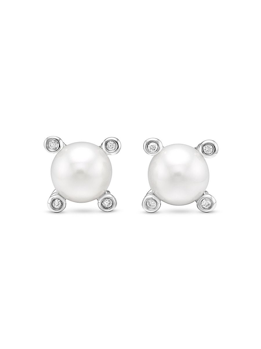 Women's Pearl Stud Earrings in Sterling Silver with Pearls and Diamonds, 7.4mm - Pearl