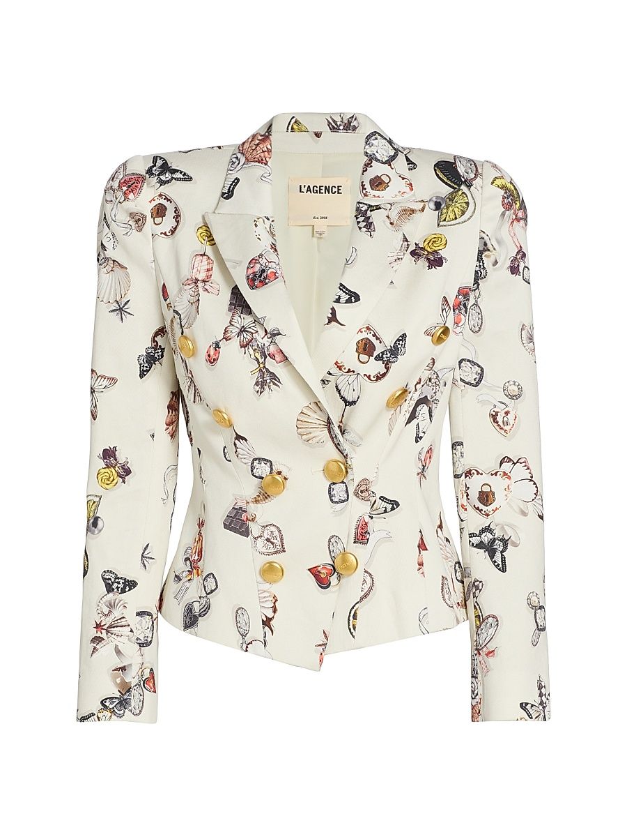 Women's Bethany Printed Cotton Blazer - Ecru Lock Butterfly - Size 14