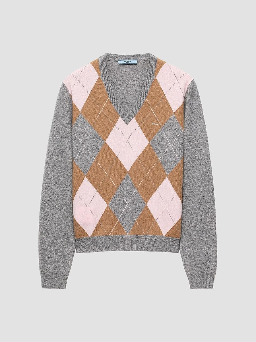 Women's Argyle Cashmere V-Neck Sweater - Grey - Size 2