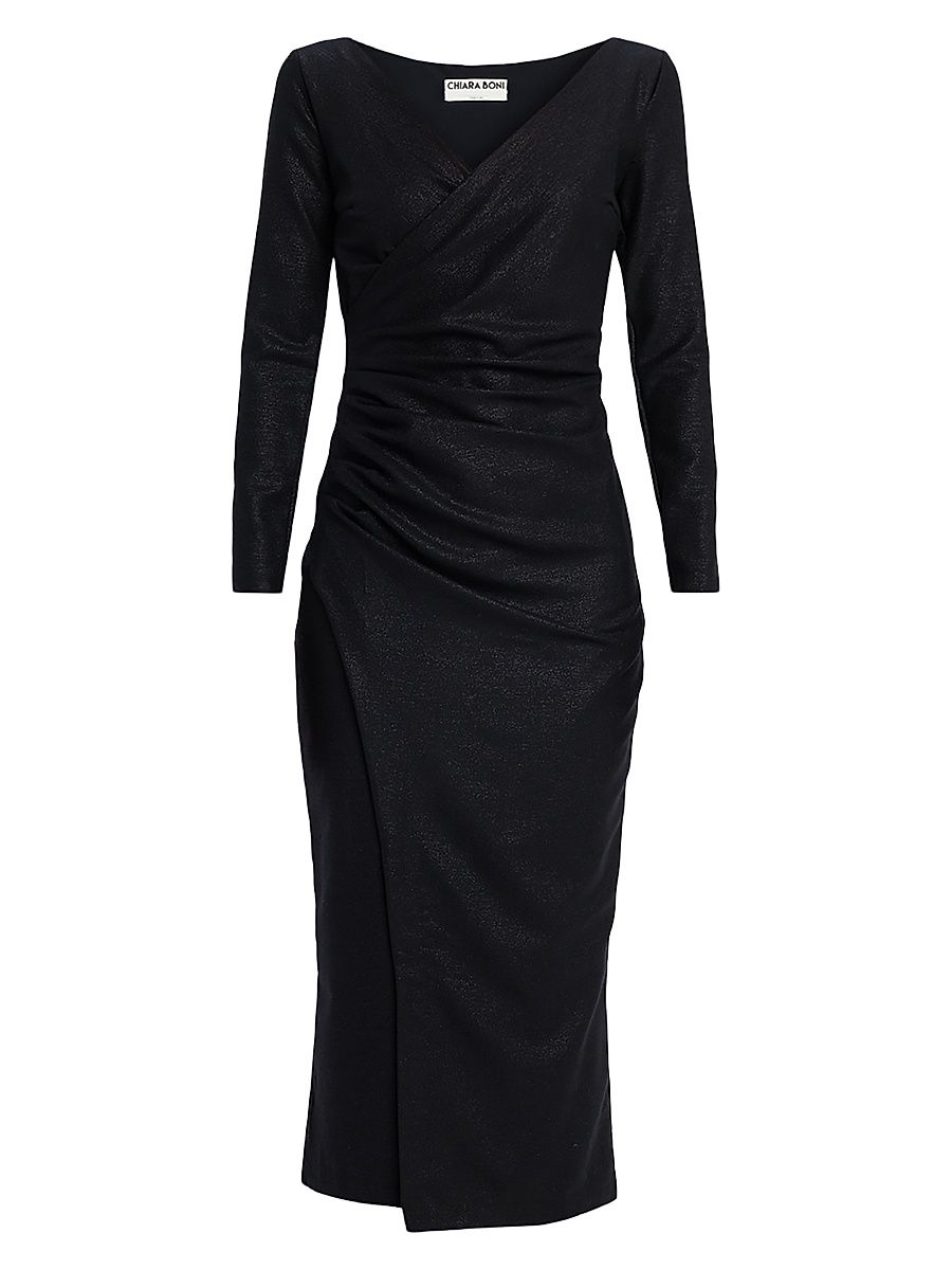 Women's Yono Shimmer Wool-Blend Ruched Midi-Dress - Black - Size 16