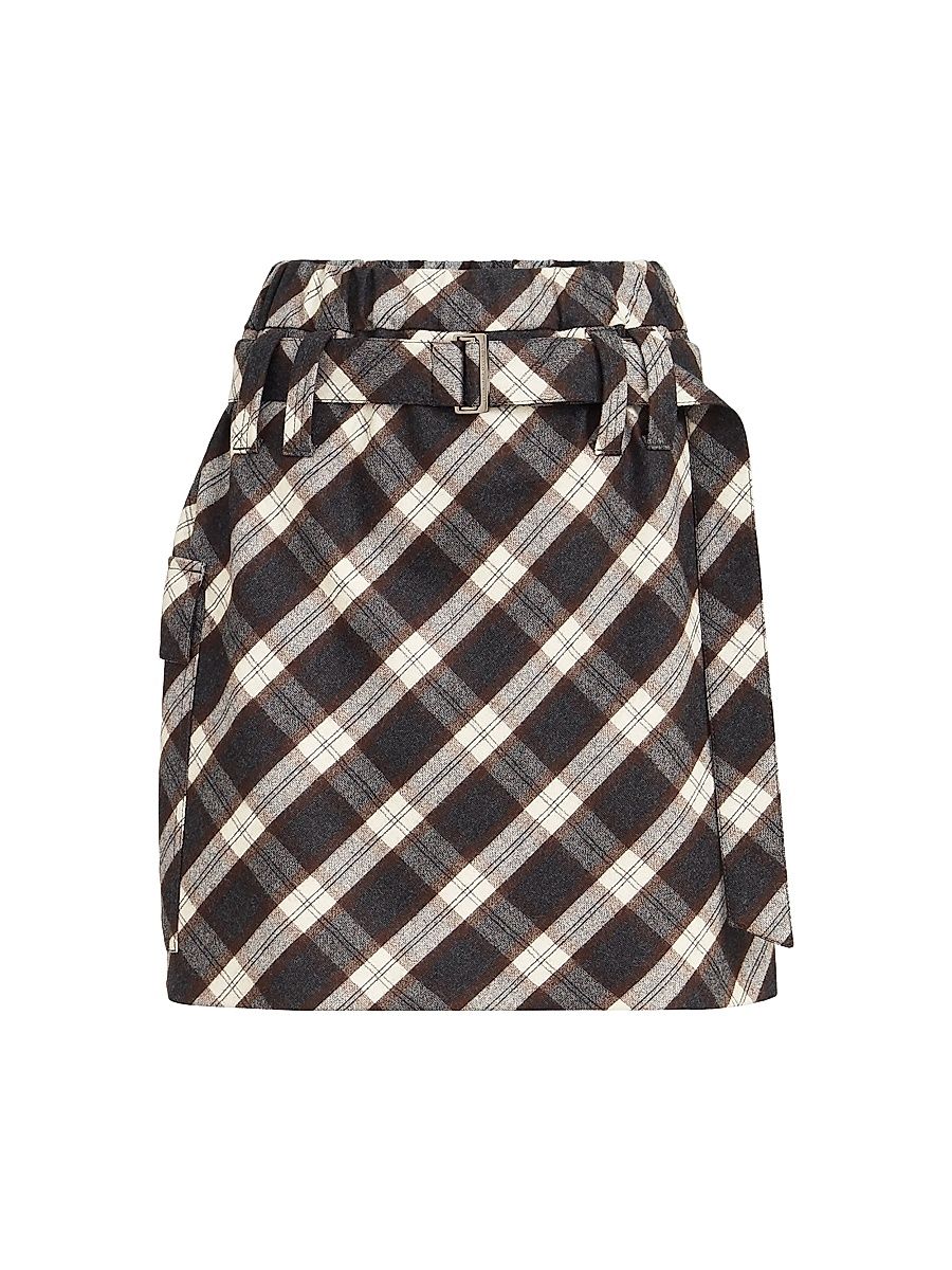 Women's Virgin Wool Prince of Wales Flannel Utility Mini Skirt - Brown Multicolor - Size 4
