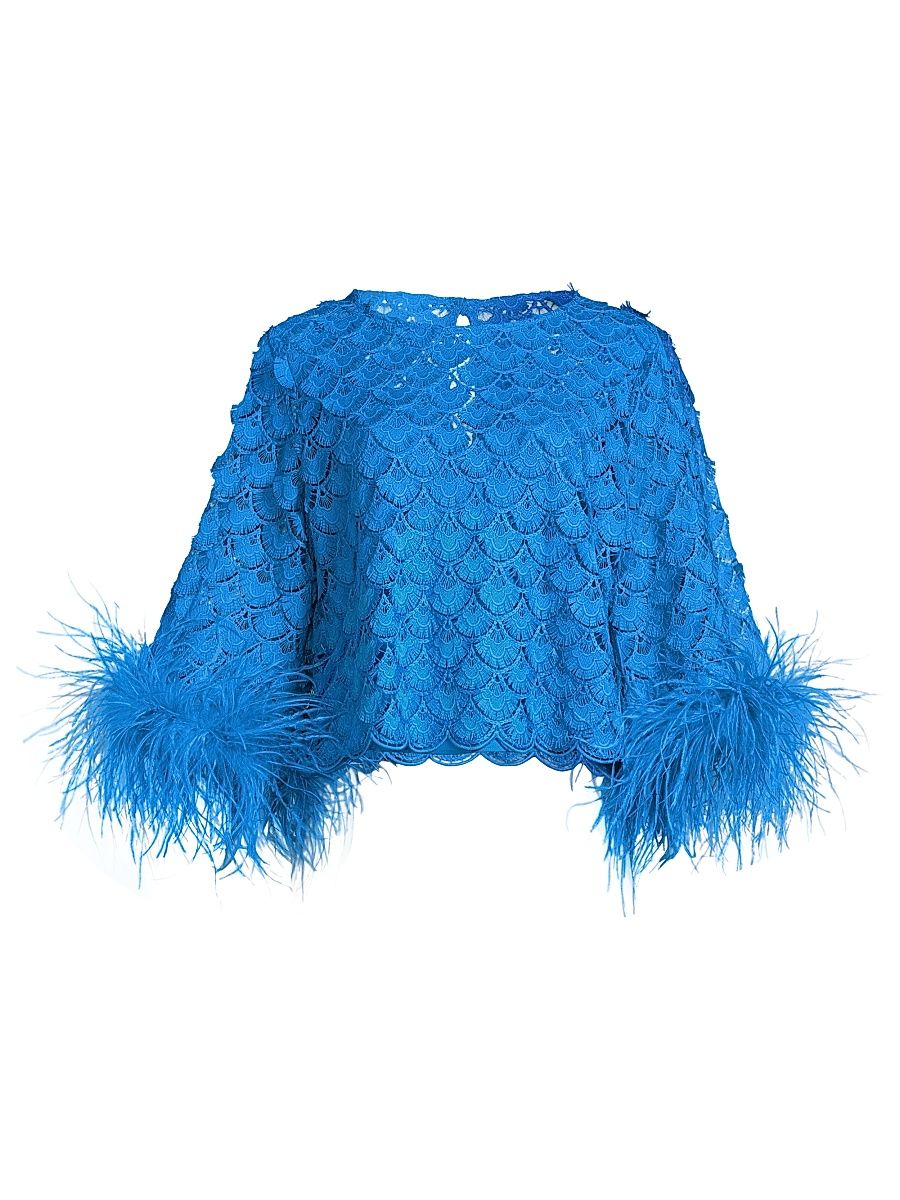 Women's Paloma Feather-Trim Lace Crop Blouse - Aegean Blue - Size Small