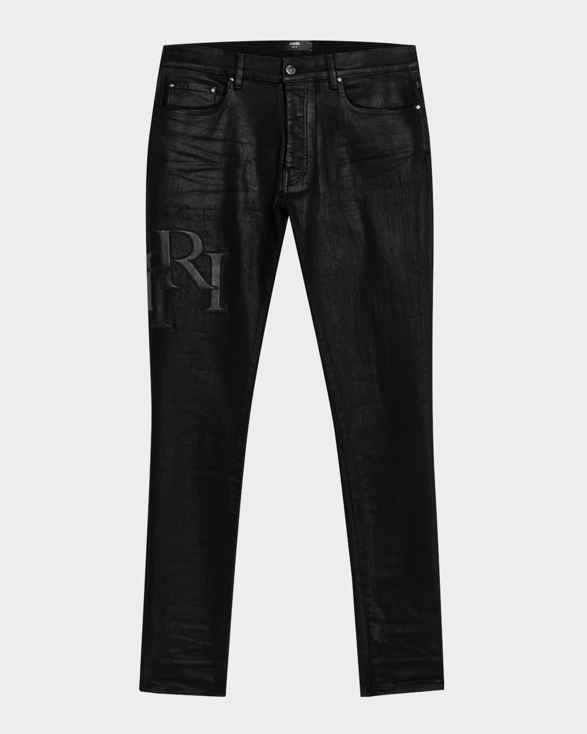 Men & apos;s Staggered Logo Waxed Skinny Jeans