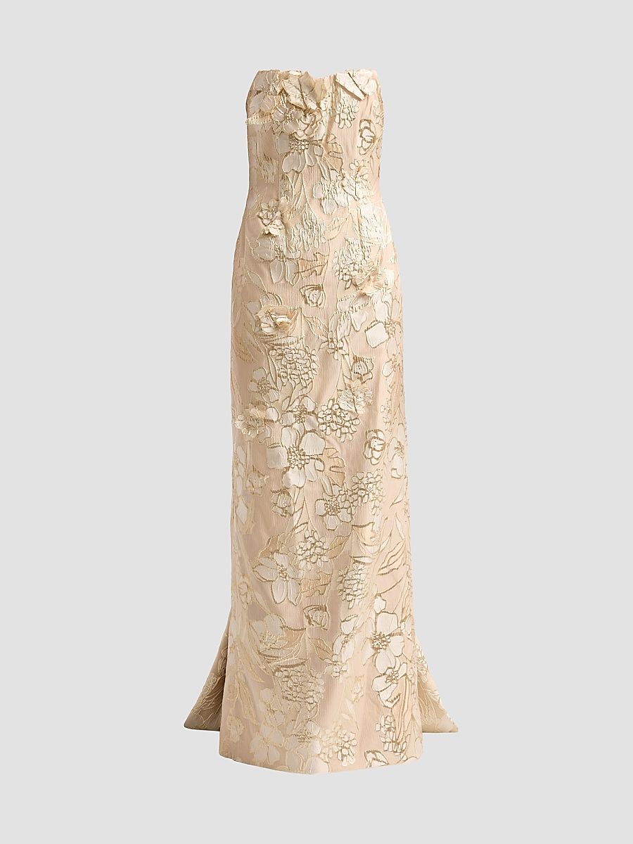 Women's Floral Jacquard Train Column Gown - Gold - Size 0