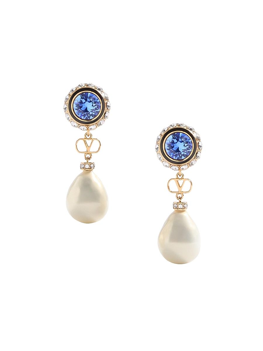 Women's VLogo Signature Earrings in Metal, Enamel, Pearls and Crystals - Gold Cream