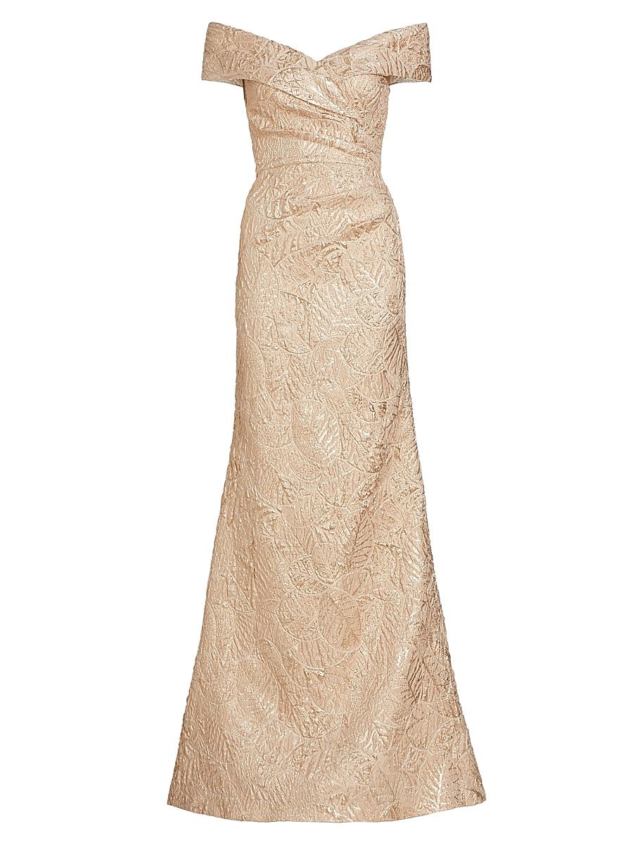 Women's Metallic Jacquard Off-The-Shoulder Gown - Gold - Size 14