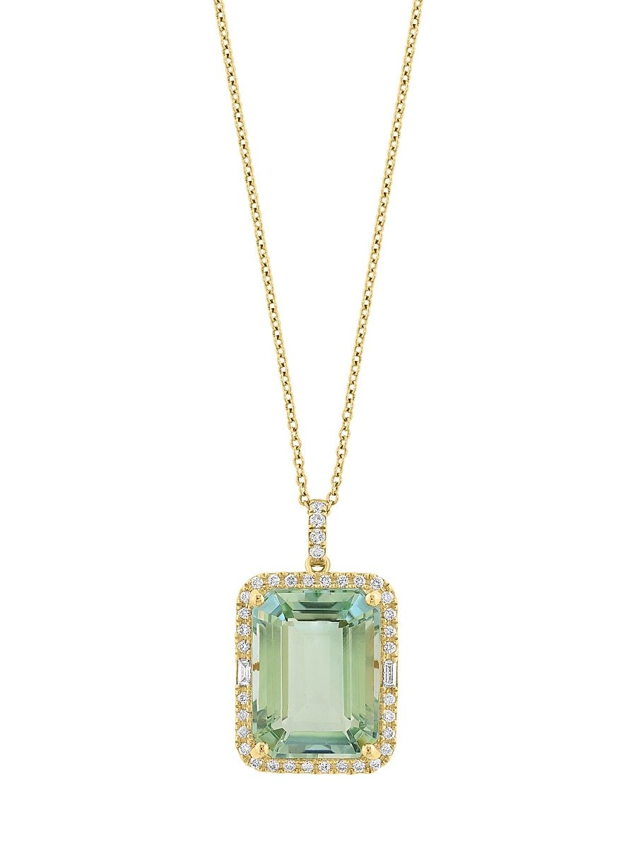 Women's 14K Yellow Gold, Green Amethyst & 0.33 TCW Diamond Halo Pendant Necklace - Yellow Gold