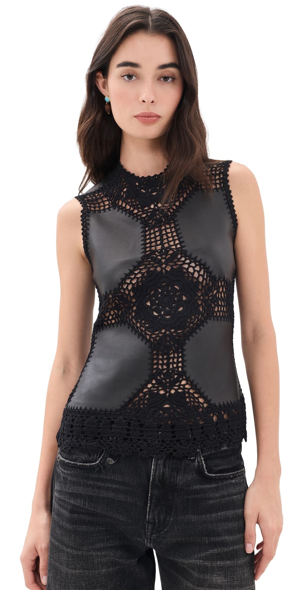 Ulla Johnson Livia Crochet and Leather Top Noir 8