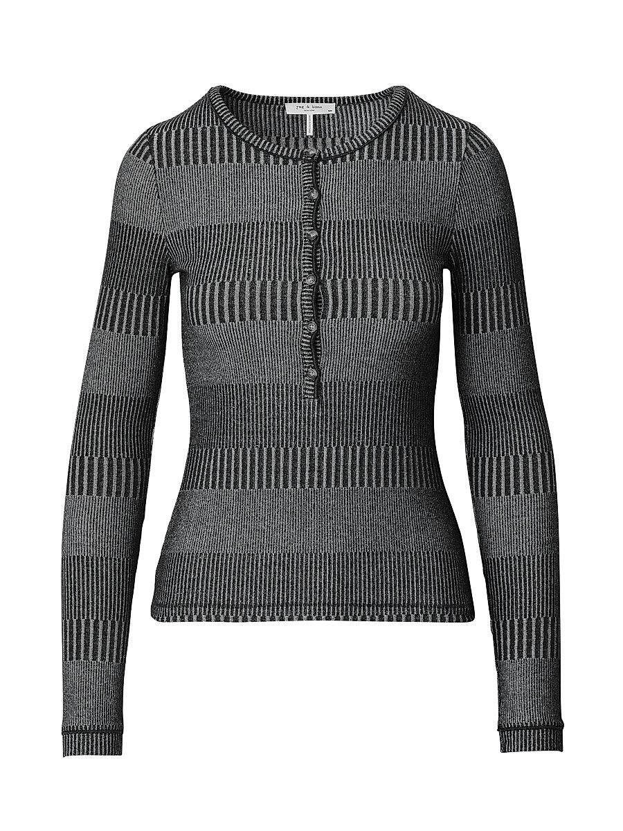 Women's Two-Tone Rib-Knit Shirt - Black White Multi - Size Large