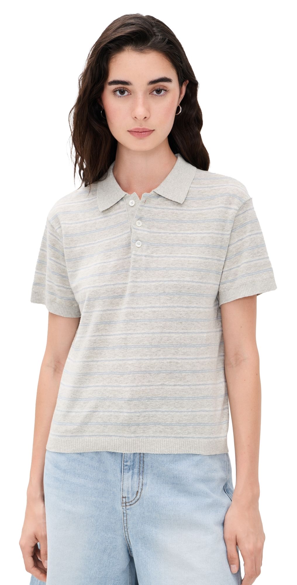 DUNST Unisex Linen Striped Polo Knit Grey/Soft Blue S