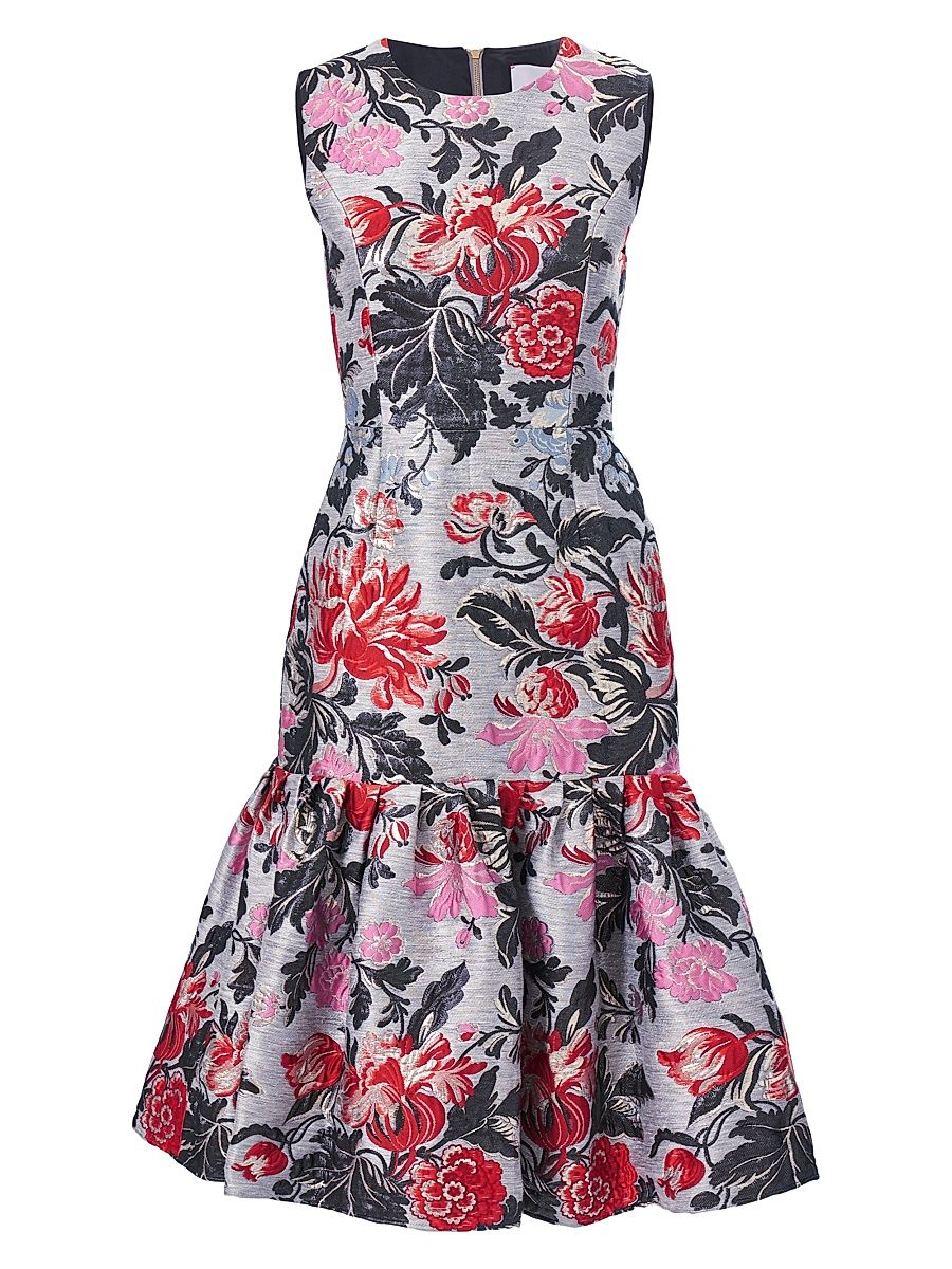 Women's Floral Jacquard Flounce Midi-Dress - Melange Grey - Size 2