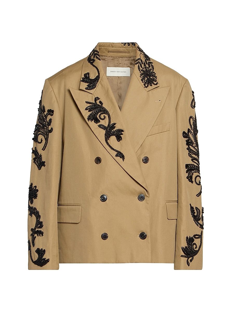 Women's Bosea Embroidered Twill Double-Breasted Jacket - Camel - Size Large