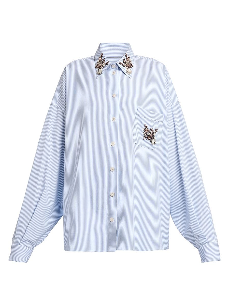 Women's Oversized Embellished Pinstripe Button-Front Shirt - Rigato - Size 10