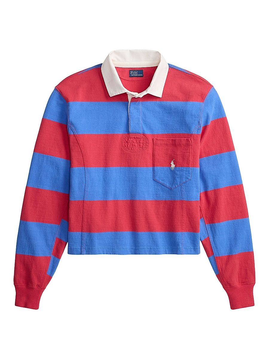 Women's Striped Cotton Rugby Shirt - Sunset Red Greenwich Blue - Size XS