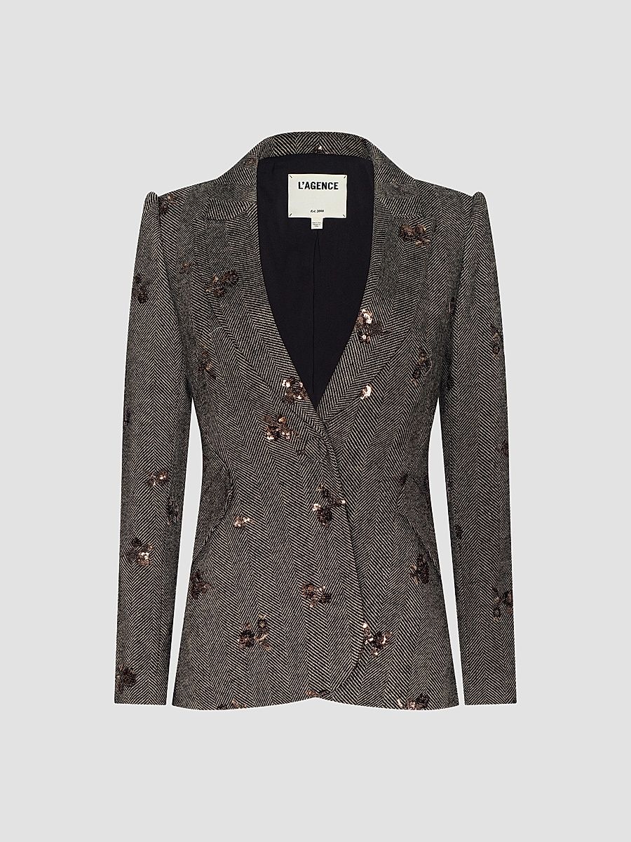 L'AGENCE Women's Chamberlain Sequin-Embellished Herringbone Blazer - Beige Black Gold - Size 14