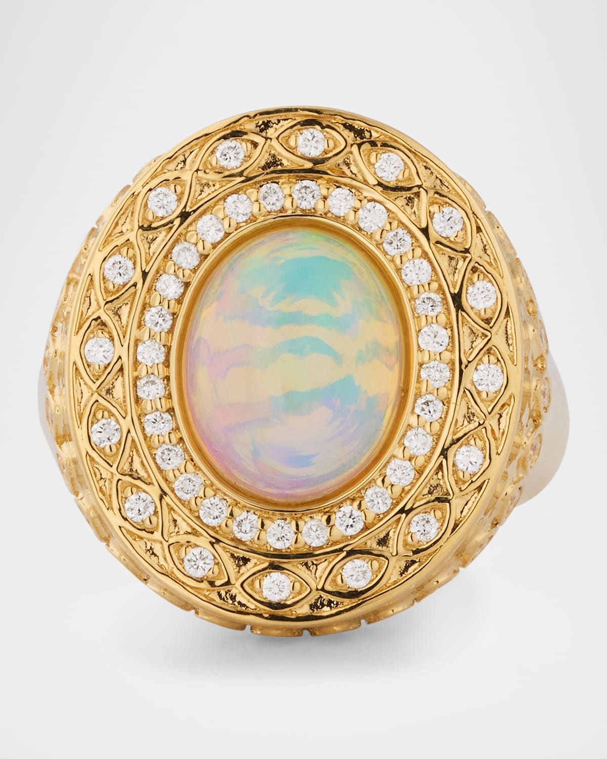 14K Yellow Gold Marquise Eye Opal Cabochon Signet Ring with Diamonds