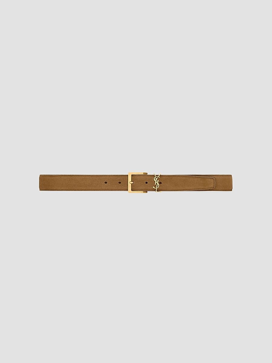 Saint Laurent Men's Cassandre Vadim Belt in Suede - Caramel Cognac - Size 42