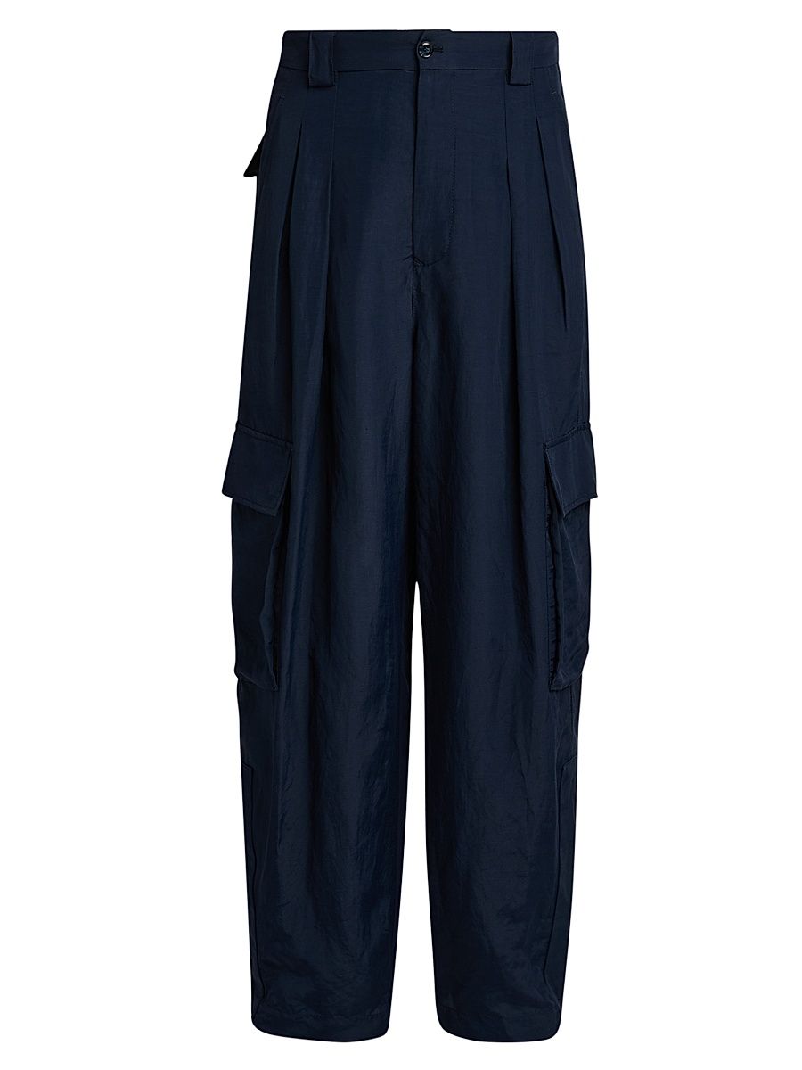 Men's Pleated Linen-Blend Cargo Trousers - Navy - Size 36