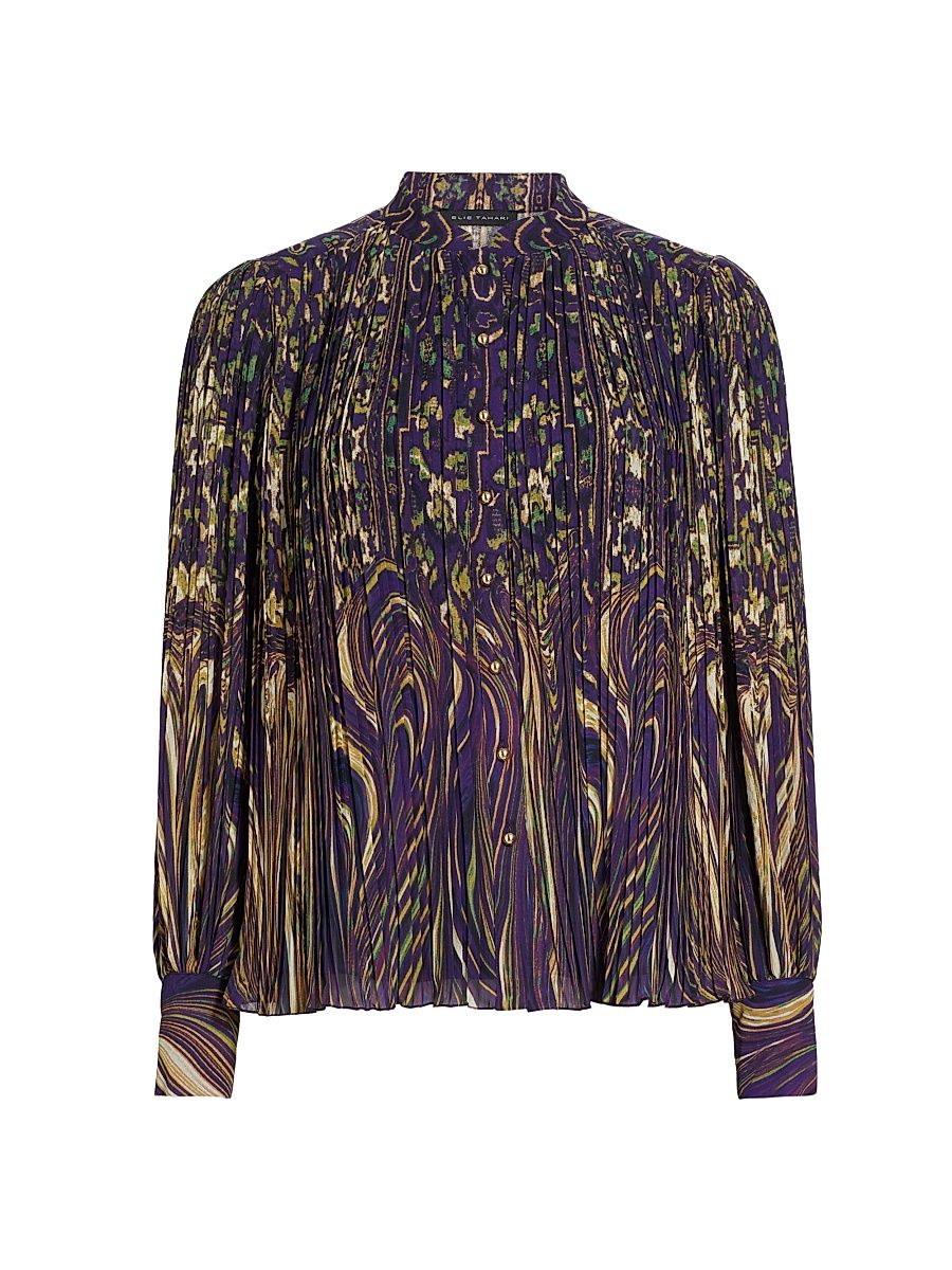 Women's Abbey Pleated Abstract Chiffon Blouse - Sterling Palace Print - Size Small