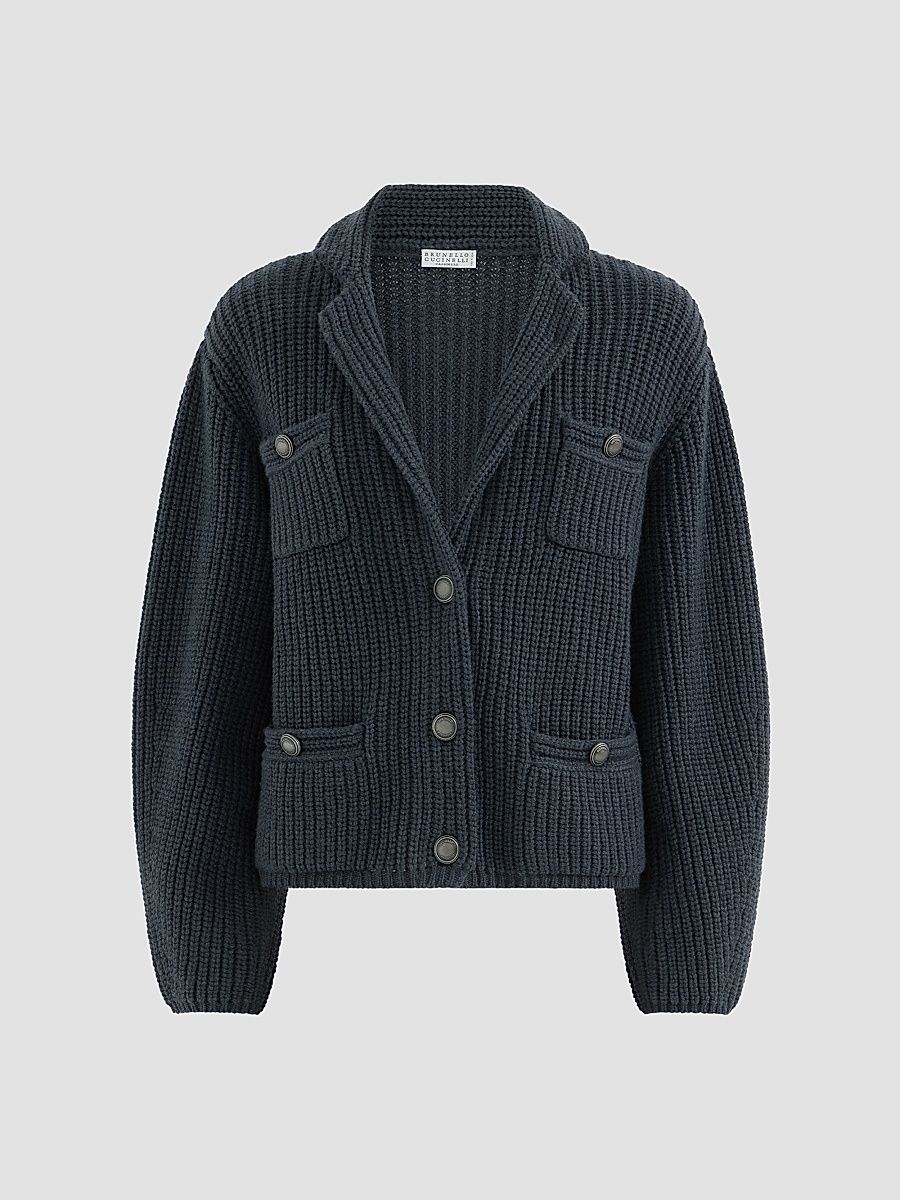 Women's Cashmere Feather Yarn English Rib Cardigan - Blue - Size XXL