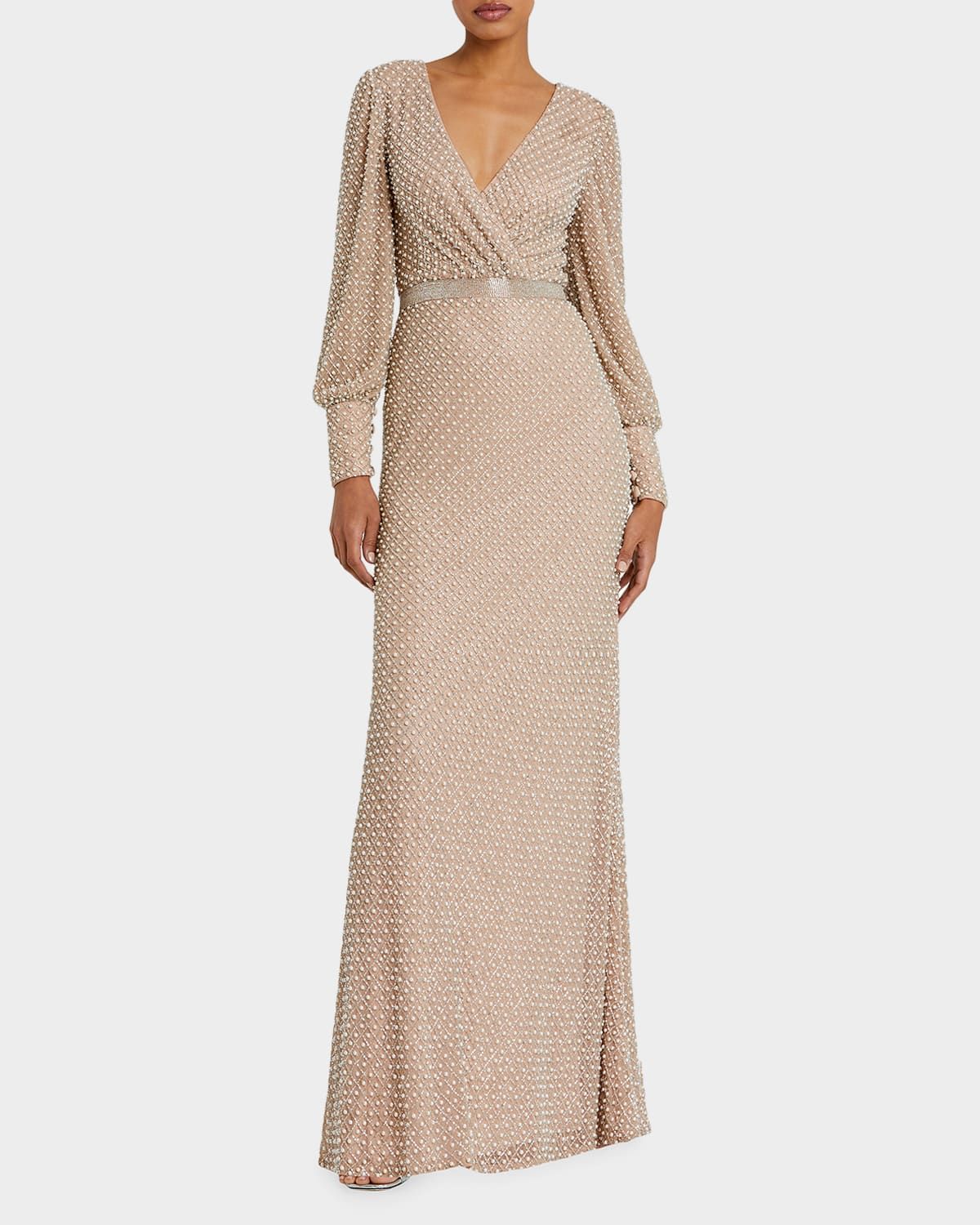 Pearl-Embellished Long-Sleeve Gown