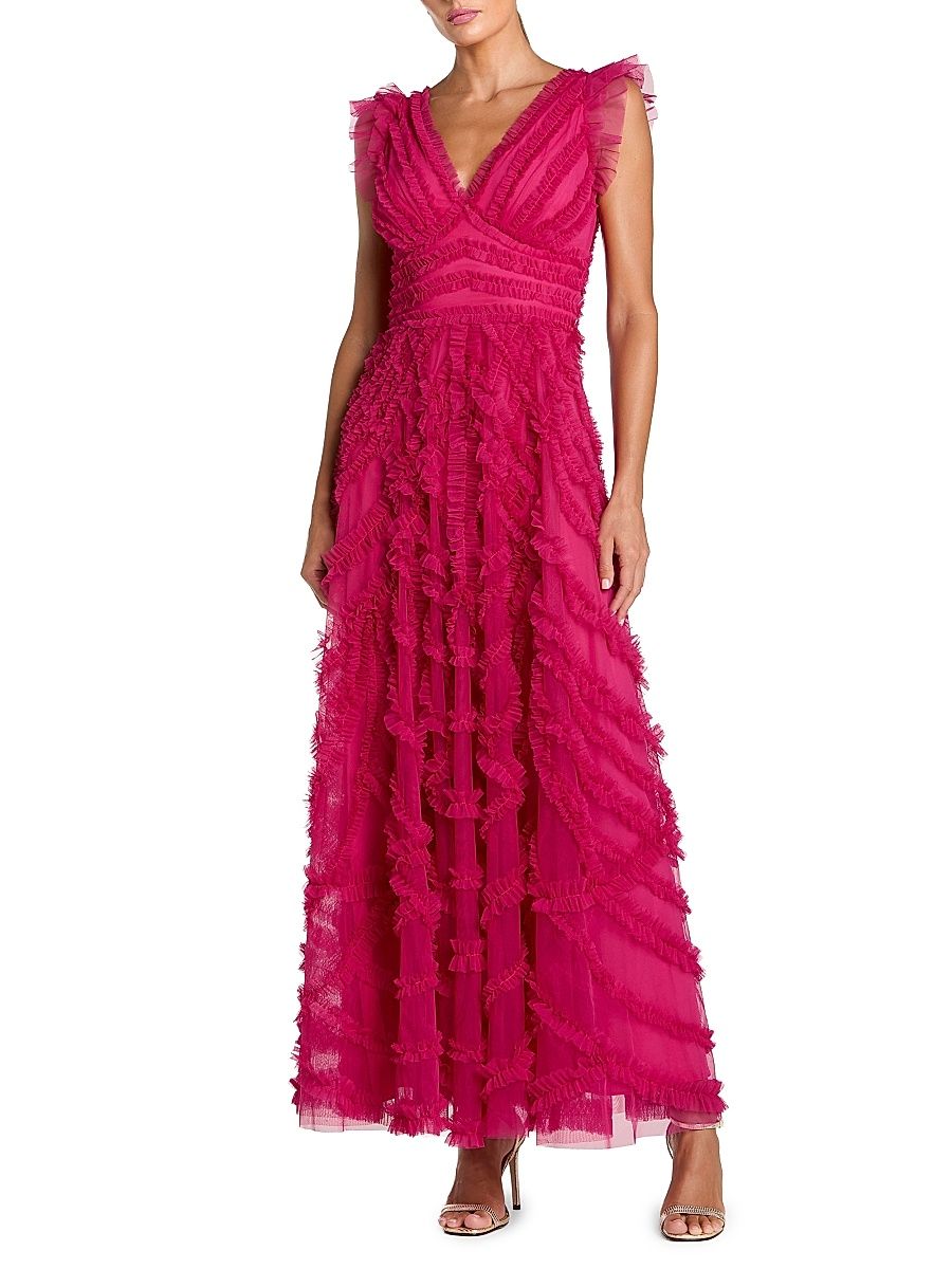 Women's Ruffled Mesh Midi-Dress - Fuchsia - Size 16
