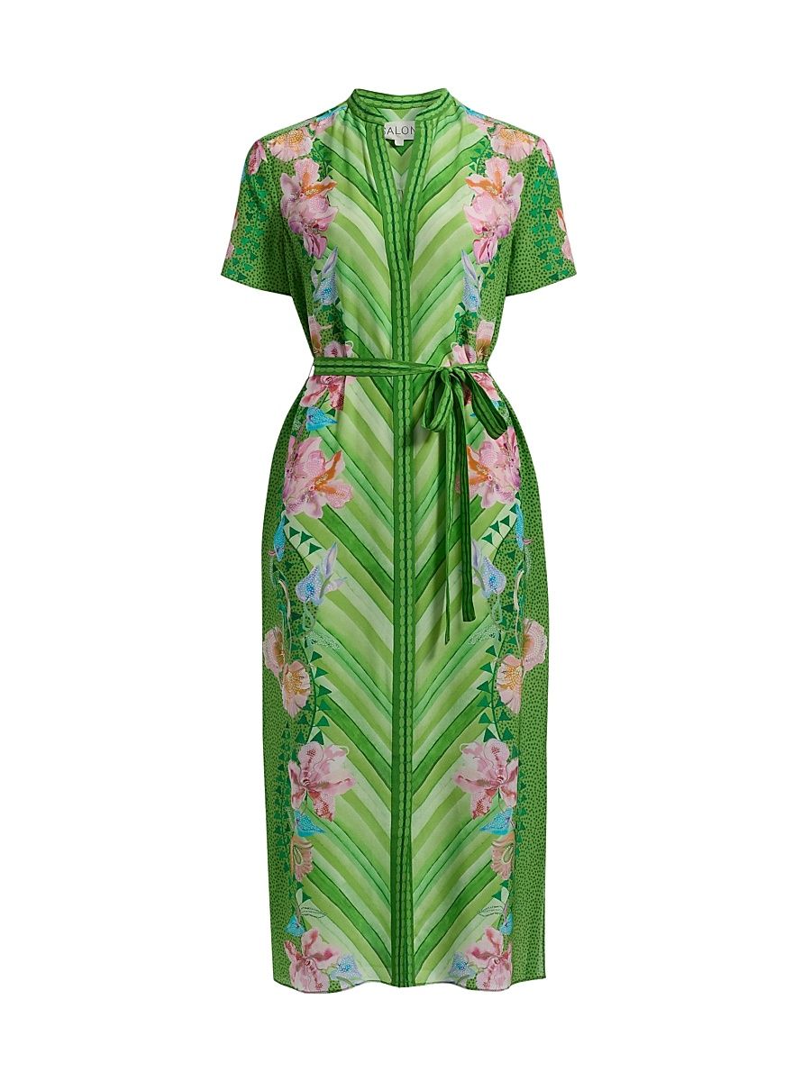 Women's Vicki Printed Silk Tie-Waist Midi-Dress - Lilia Chevron Placement - Size 12