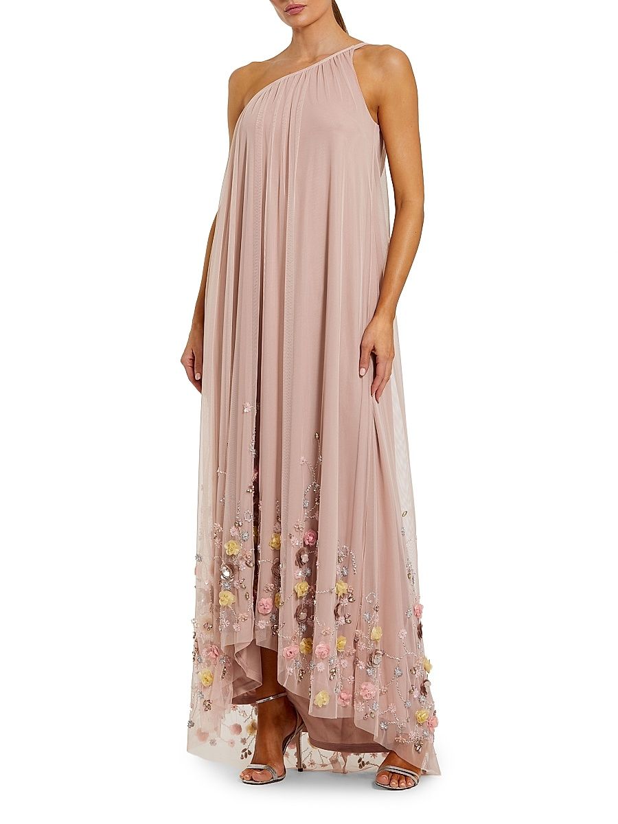 Women's Embellished Mesh One-Shoulder Trapeze Gown - Rose - Size 16