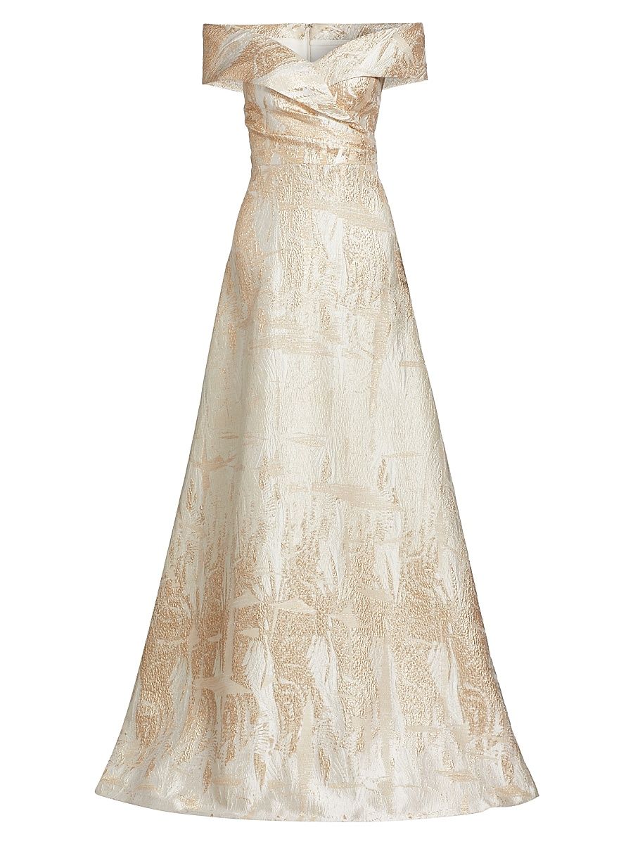 Women's Metallic Jacquard Off-The-Shoulder A-Line Gown - Cham Gold - Size 16