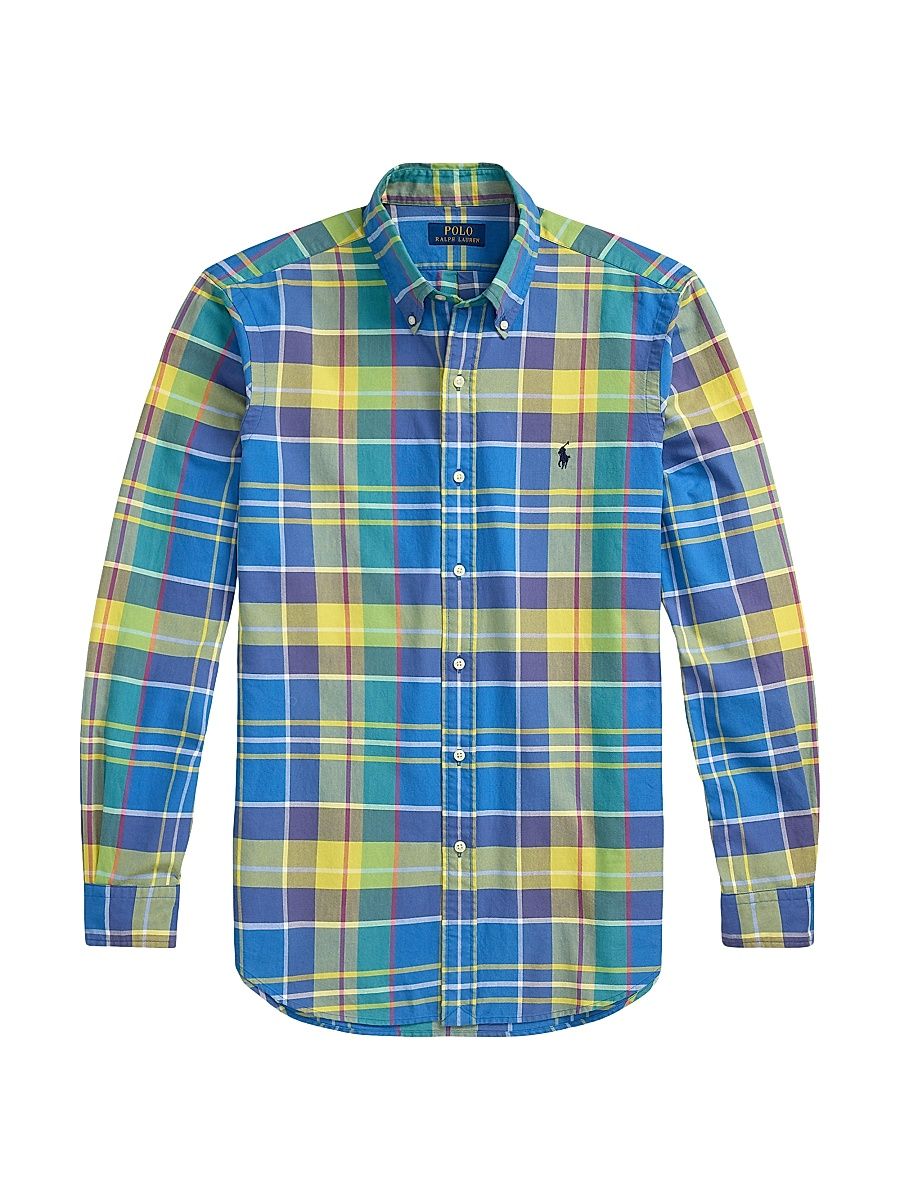 Men's Classic-Fit Plaid Button-Down Cotton Oxford Shirt - Blue Yellow Multi - Size XL