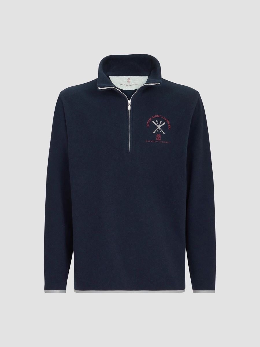 Brunello Cucinelli Men's Techno Cashmere and Cotton Sweatshirt with Half Zip - Navy Blue - Size XXXXL