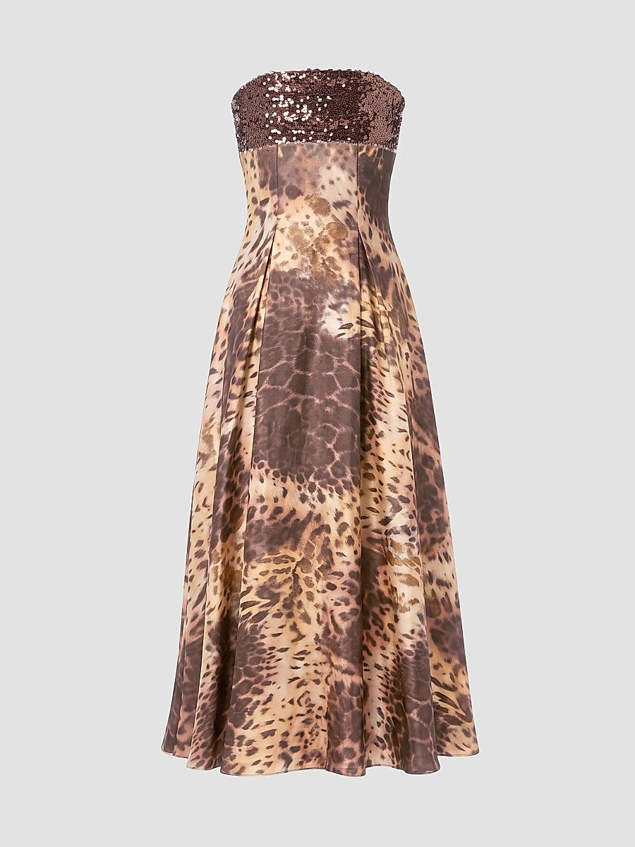Women's Miranda Leopard-Print Sequin-Trim Satin Midi Dress - Leopard Multi - Size XS