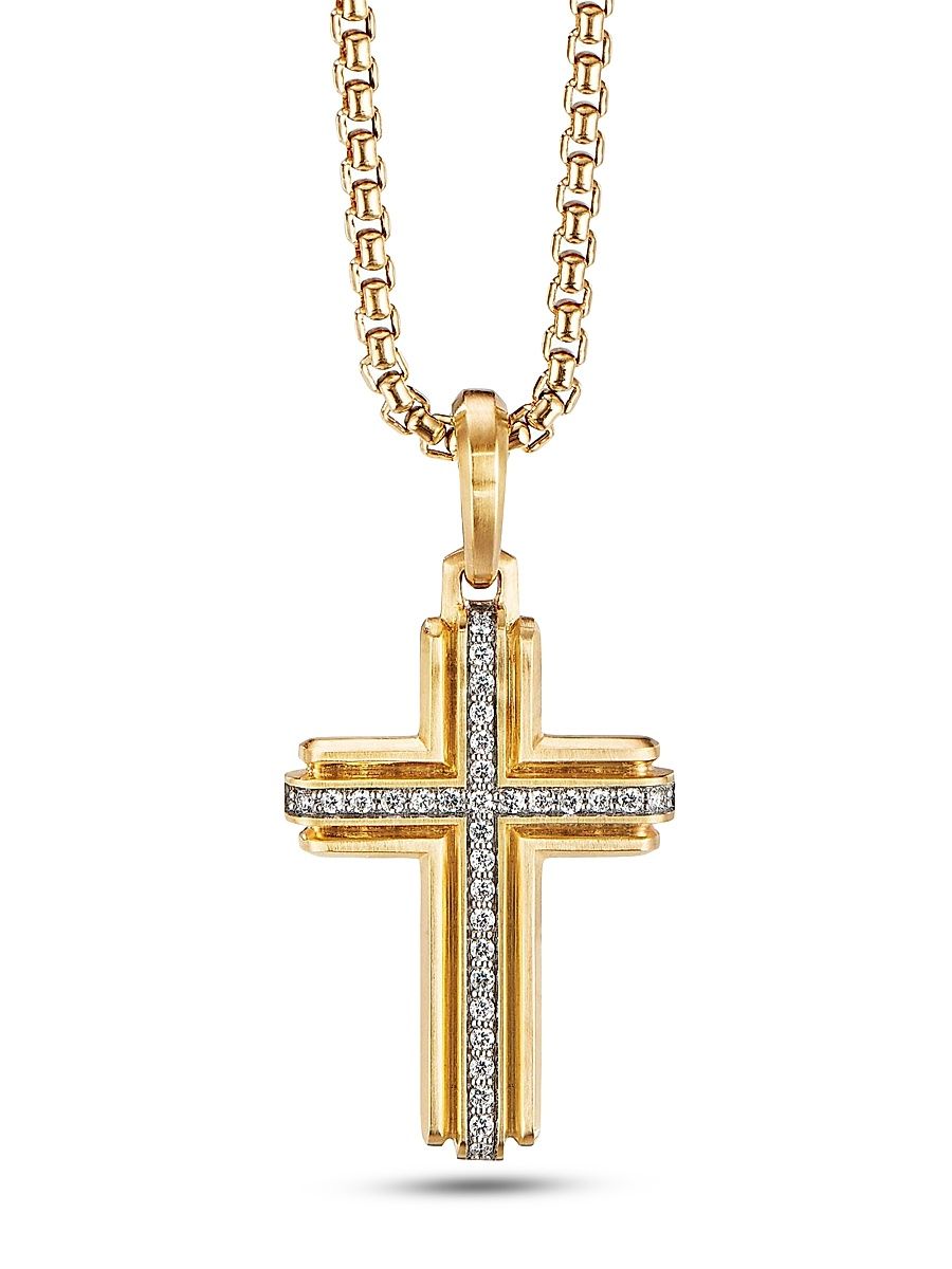 Men's Deco Cross Pendant in 18K Yellow Gold - Diamond