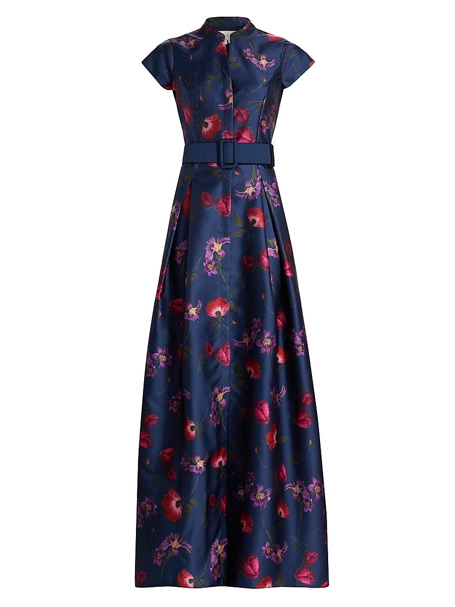 Women's Marta Floral Mikado Belted Gown - Midnight Jardin - Size 8